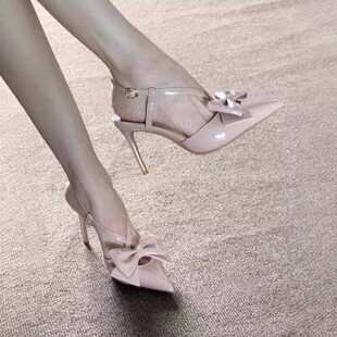 交叉带蝴蝶结女士包头凉鞋 2026年春夏新款 通勤尖头细跟高跟鞋 法式