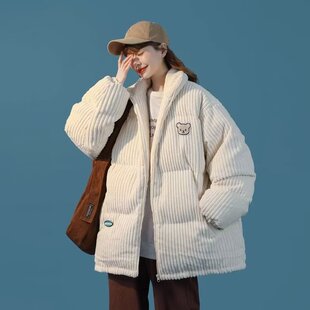 灯芯绒刺绣加绒加厚重磅外套男女冬季情侣褂子上衣潮牌大码面包服