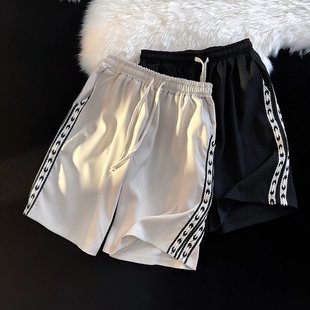 男复古街头宽松百搭阔腿垂感短裤 2022夏季 潮牌织带拼接直筒五分裤