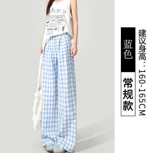 夏季薄款蓝色格子裤女高腰格纹裤