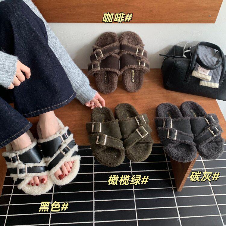 加绒厚底磨砂皮+羊绒毛毛拖女外穿秋冬一脚蹬复古懒人勃肯棉拖