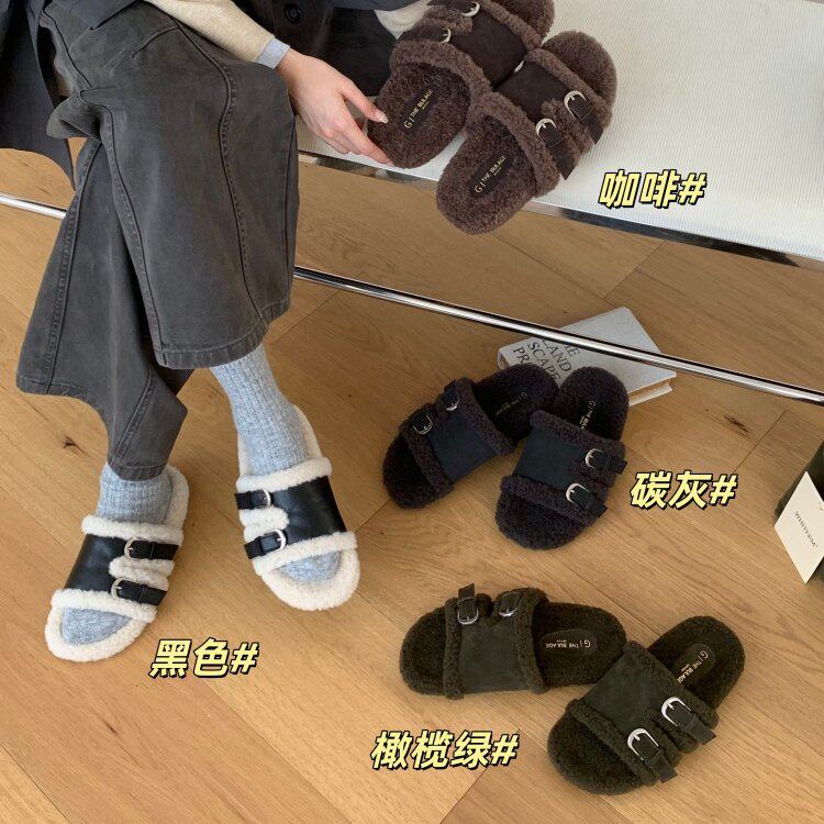 真皮羊绒毛一字拖女2026秋冬时尚平底轻便复古毛毛拖鞋潮