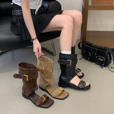 复古风美拉德靴子长筒靴女夏季凉靴2026巨好看配裙子堆堆短靴