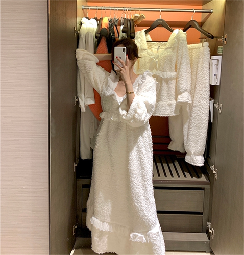 家居服睡裙白色珊瑚绒睡衣套装
