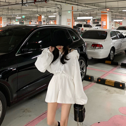 韩国夏季ins网红休闲宽松阔腿裤 拉链连帽高腰连体短裤套装连衣裤