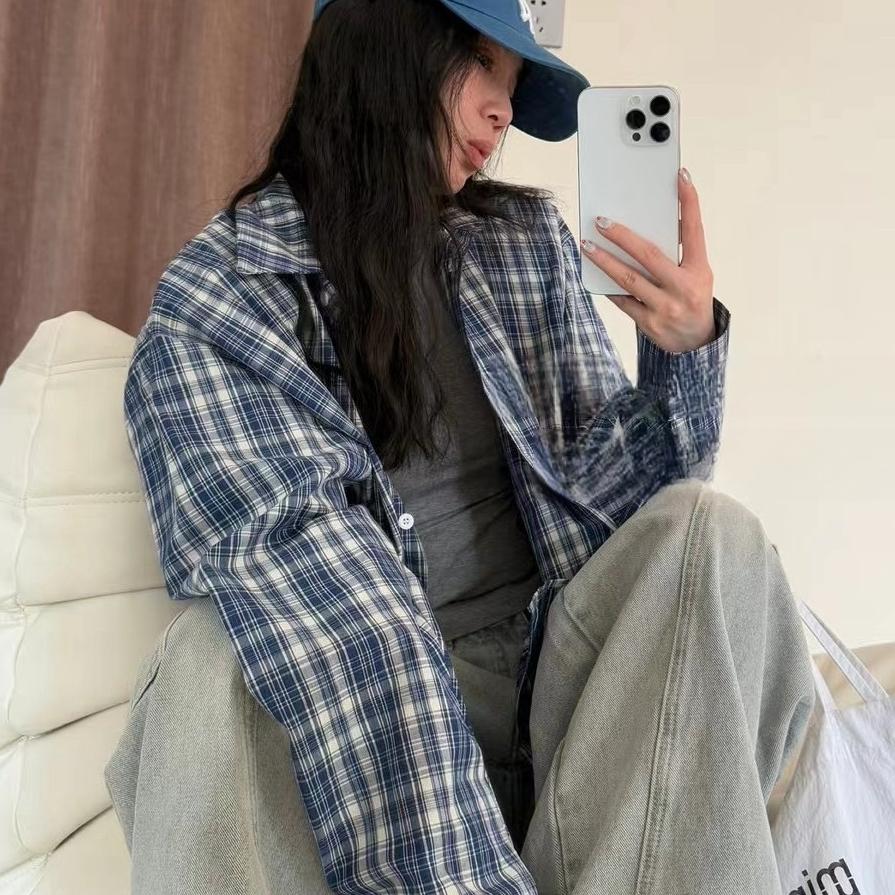 美式复古髦慵懒蓝色格子衬衫外套