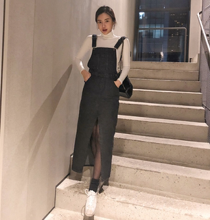 韩国ins网红开叉中长款牛仔背带裙 韩版学生显瘦高腰休闲连衣裙女
