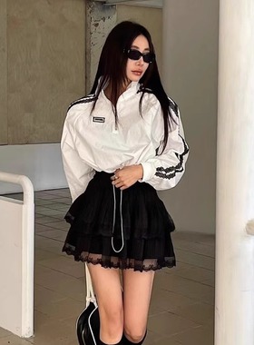 小个子高腰白色蕾丝花边A字半身裙套装蓬蓬蛋糕短裙配外套两件套