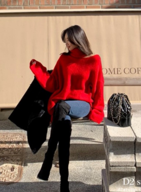 韩系慵懒风宽松加厚羊绒高领露肩红色毛衣外套女秋冬堆堆领针织衫