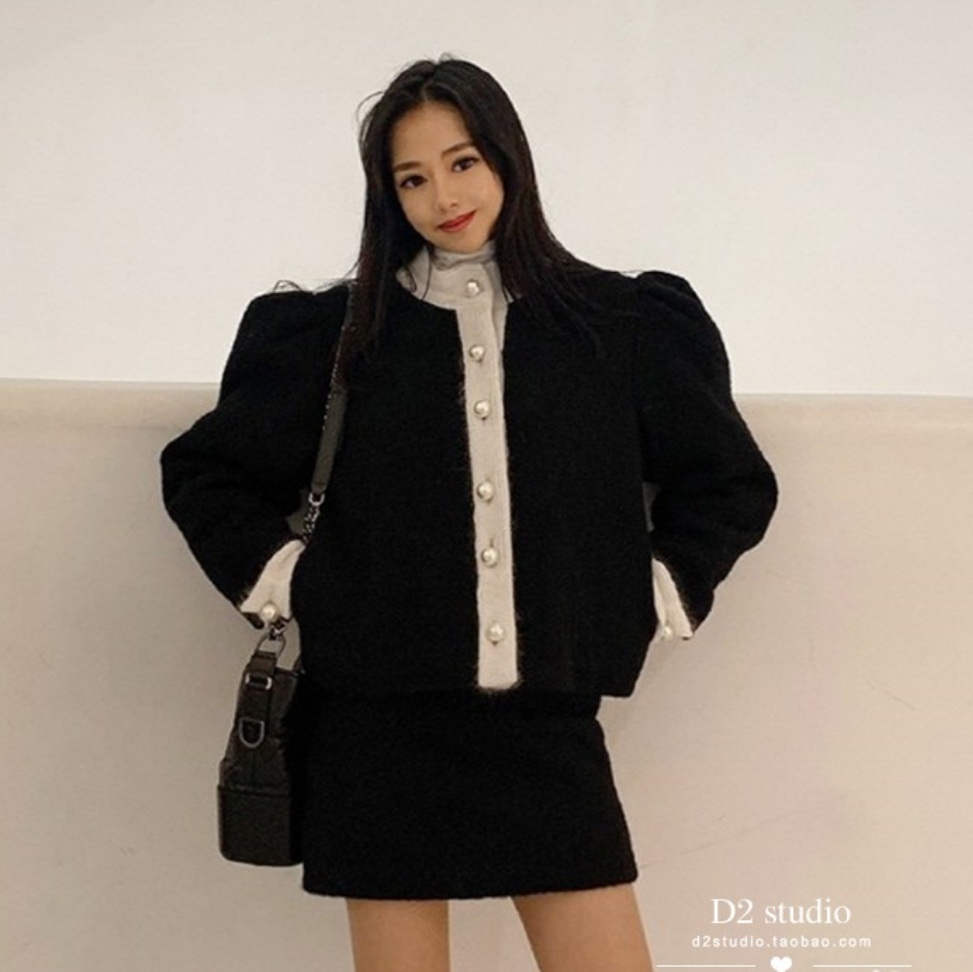 清仓秋冬装新款小香风两件套女毛呢加棉短外套搭配半身裙短裙套装