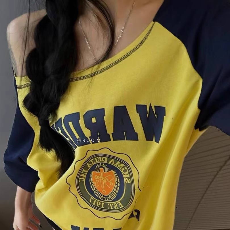 韩国东大门夏季宽松薄款休闲美式棒球服短袖T恤慵懒风拼色上衣女
