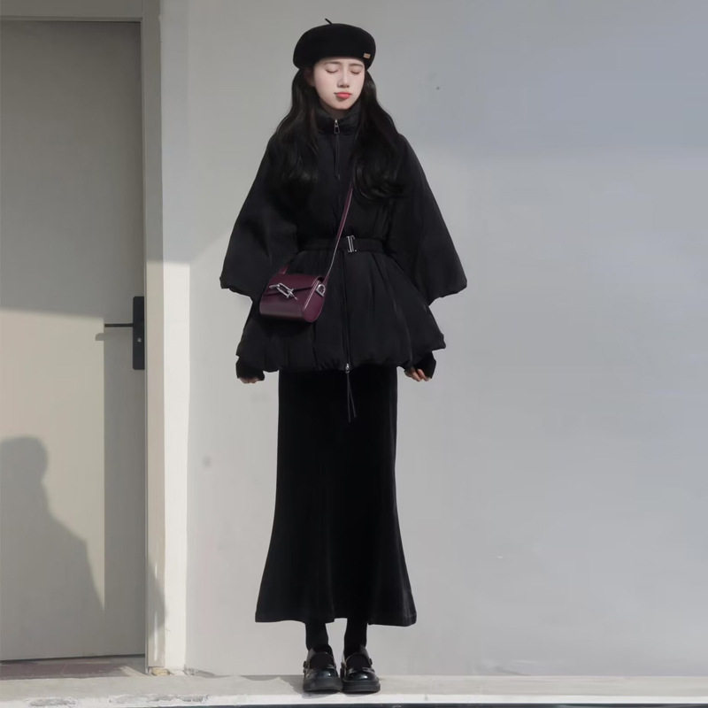 黑色收腰显瘦棉服女装冬季新款法式小香风设计感灯笼袖面包服外套