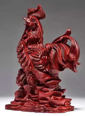 红花梨木雕鸡摆件三合十二生肖实木鸡红木家居客厅装饰开业送礼品