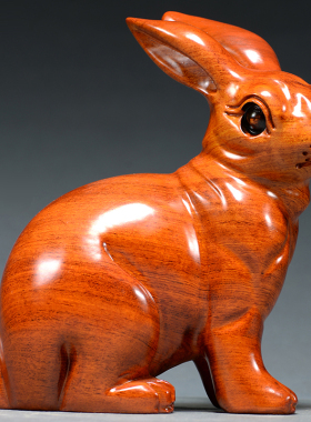 花梨木雕兔子摆件实木十二生肖兔家居客厅红木质动物装饰工艺礼品