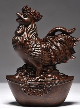 黑檀木雕鸡摆件三合十二生肖实木鸡家居客厅办公装饰开业乔迁送礼