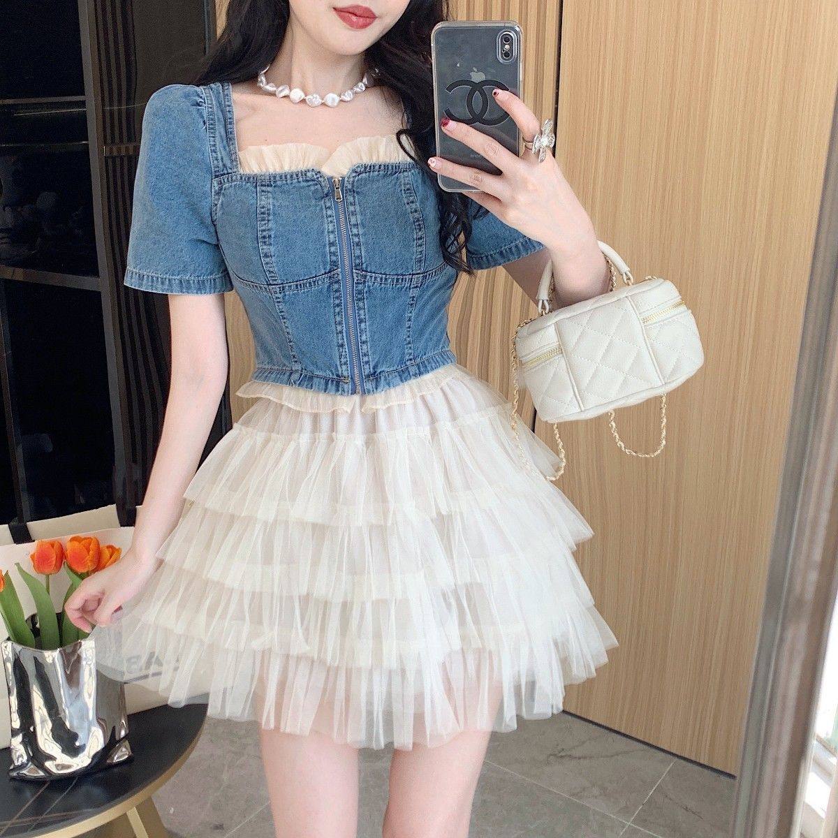方领牛仔衬衫女夏设计感小众别致气质女神范短款上衣两件套装裙子图片