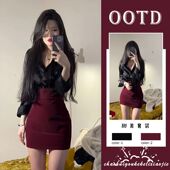 女2024春季 上衣 新款 衬衫 高腰包臀半身裙两件套 辣妹性感长袖 套装