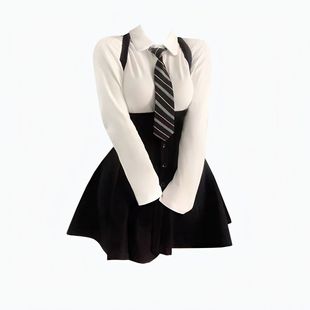 大码胖妹妹学院风JK领带白衬衫+秋冬修身设计感辣妹背带短裙套装