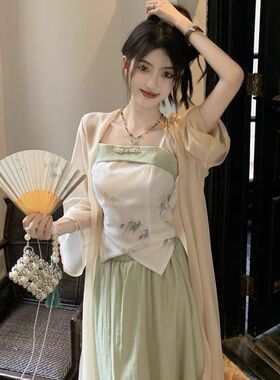 新中式女装国风改良汉服汉元素小个子绿色吊带连衣裙三件套女夏季