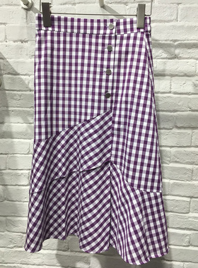 韩版米蔻百家好半身裙2019夏紫色格子纯棉中长裙B-HSSK325E