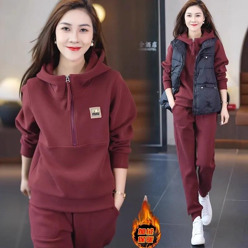 休闲时尚运动服套装2023秋冬季新款女士卫衣两件套加绒加厚