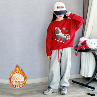 女童套装红色刺绣小马卫衣2025新款冬季高级感加绒加厚卫裤两件套