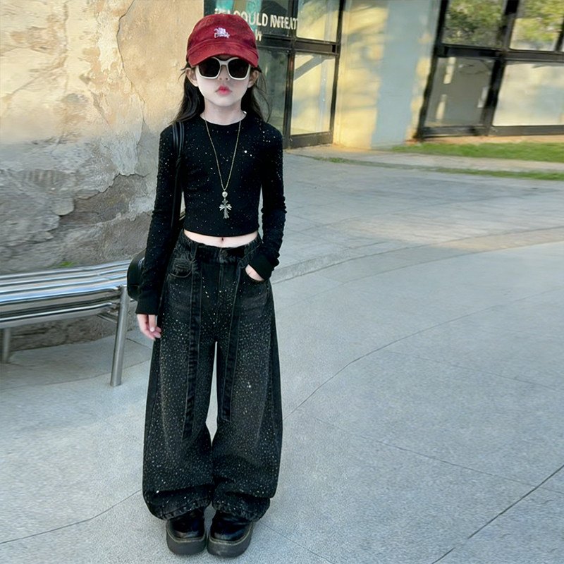 女童满天星烫钻黑色牛仔加绒裤2026女孩秋冬装潮酷星河阔腿裤套装