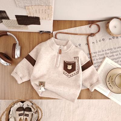 男童毛衣开衫德绒加厚男宝时髦针织上衣小熊洋气外套拉链可爱休闲