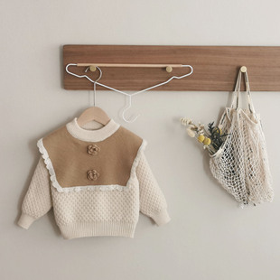 2025秋冬新款圆领针织衫女童套头加绒毛衣长袖手工花上衣韩版可爱