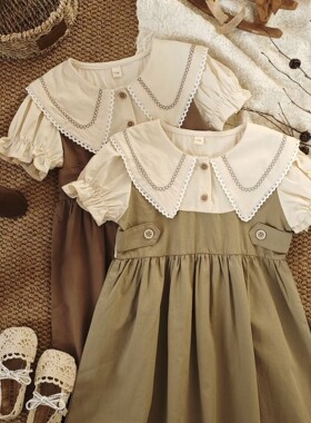 2025年夏季新款女童森系纯棉短袖连衣裙轻薄韩版刺绣田园风翻领