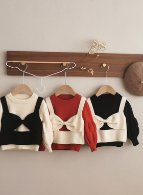 2022秋冬新款女童套头毛衣韩版两件套蝴蝶结针织衫可爱宝宝衫气质