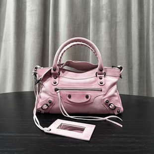 26新款 进口渐变粉色麂皮绒皮复古铆钉机车包手提包单肩斜挎手提包
