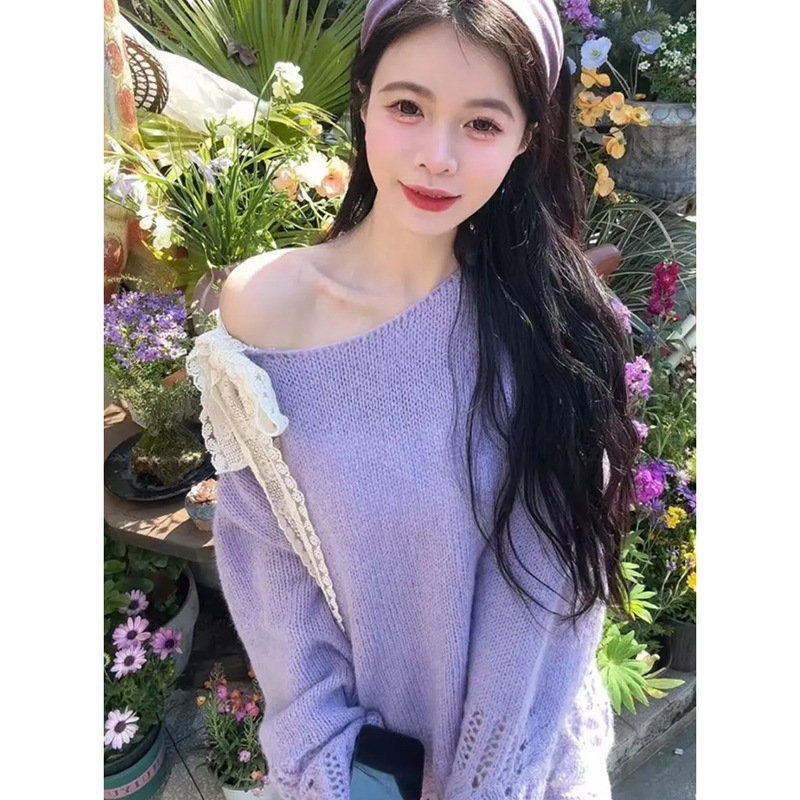 温柔紫色蕾丝系带蝴蝶结套头毛衣女春秋款甜美斜肩洋气可爱针织衫