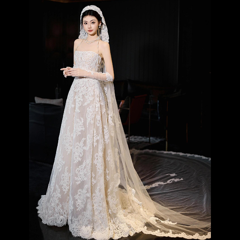 简约轻婚纱礼服2025新款新娘质感小个子拖尾出门主纱气质名媛