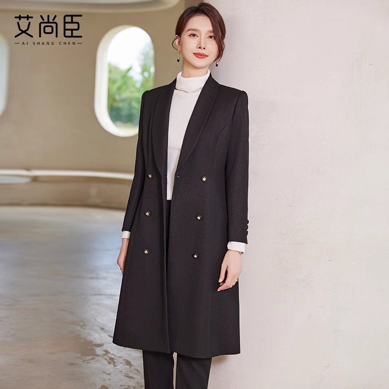 艾尚臣黑色加厚毛呢大衣外套女士