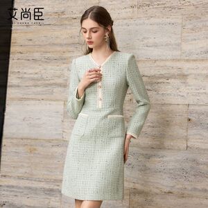 艾尚臣职业装连衣裙女粗花呢法式办公室前台白领通勤美容师工作服