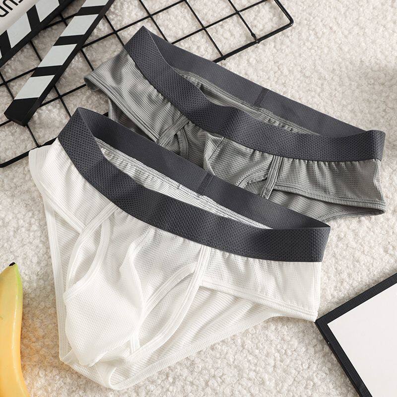 男士内裤冰丝薄款网孔透气舒适性感三角内裤衩U囊袋低腰纯色时尚