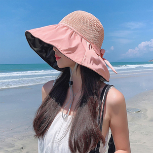 遮阳帽子女夏季 遮阳防晒紫外线渔夫帽遮脸黑胶太阳帽大帽檐新款