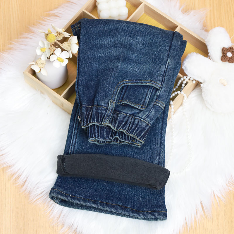 四面弹加绒女中大童微喇叭牛仔裤