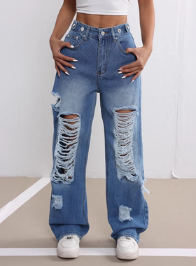 2026Women Casual loose jeans pants时尚破洞蓝色宽松直筒牛仔裤