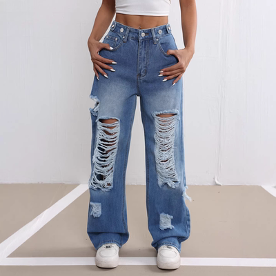 2026Women Casual loose jeans pants时尚破洞蓝色宽松直筒牛仔裤
