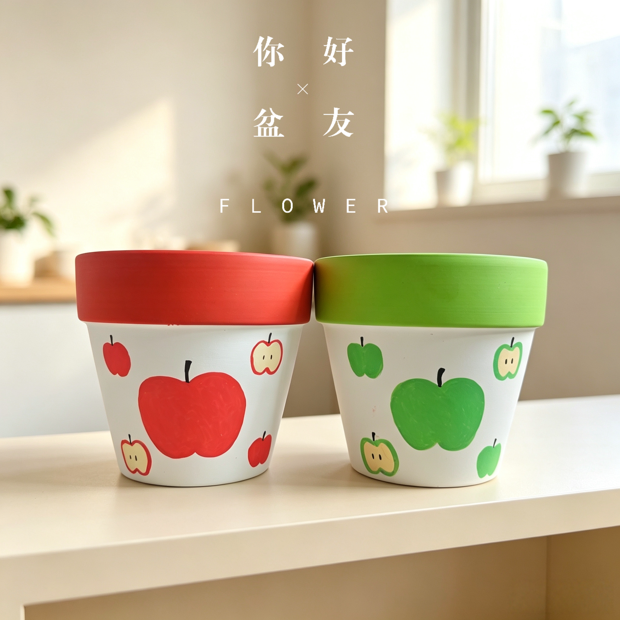你好盆友「苹果」创意可爱清新简约透气的手绘多肉蝴蝶兰红陶花盆