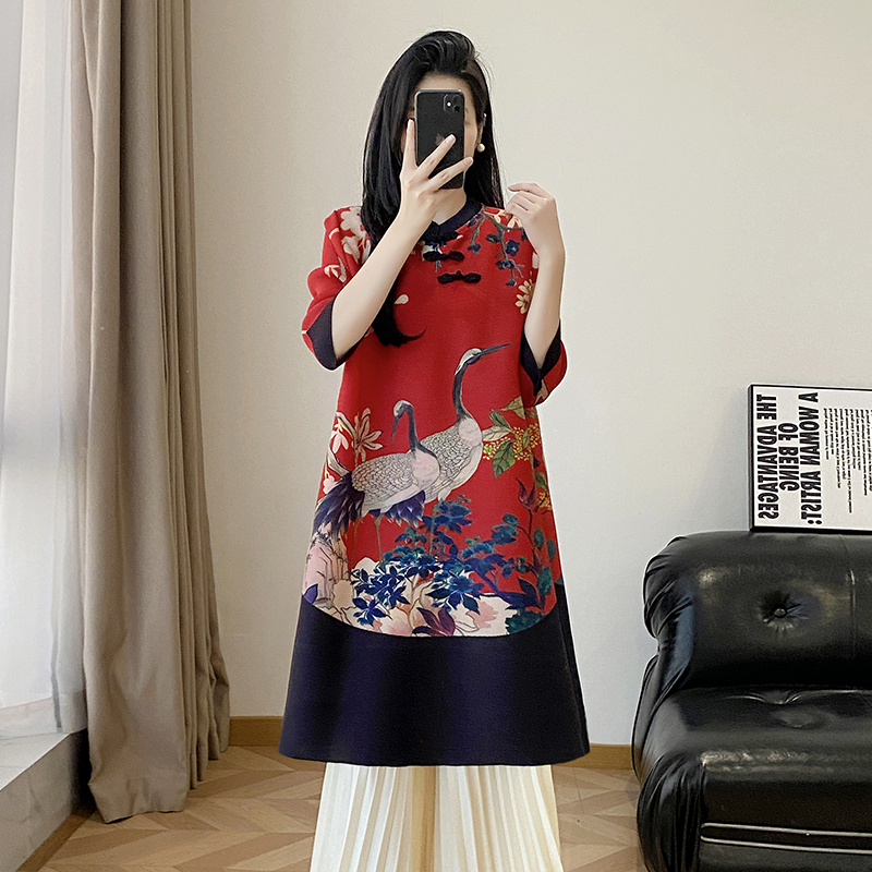 复古印花改良褶皱连衣裙小众设计感中式撞色大码宽松弹簧抖抖旗袍