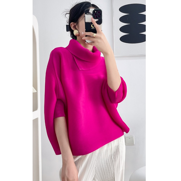 三宅褶皱翻领蝙蝠袖上衣女春秋款宽松大码长袖压褶纯色打底衫T恤