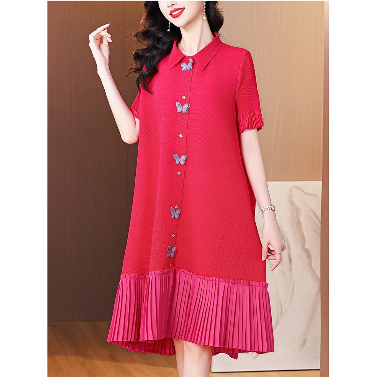 高端三宅褶皱连衣裙2025夏大码宽松开衫蝴蝶单排扣撞色弹簧抖抖裙