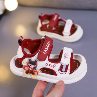 卡通百搭中小童男女宝宝防滑运动沙滩鞋 儿童包头红色凉鞋 25夏季