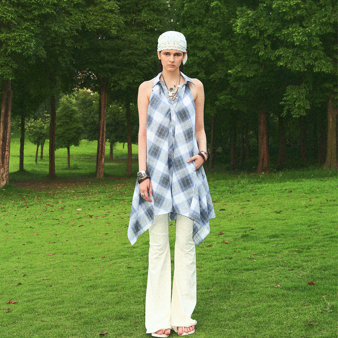 1cothen 格纹露背衬衣