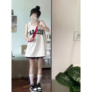 美式 T恤篮球服上衣 复古运动吊带背心女夏季 外穿宽松ins潮白色无袖