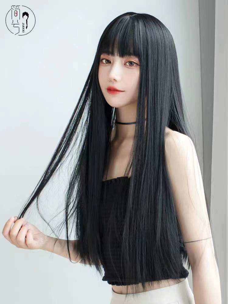 假发女长直发自然全头套式网红逼真中长发刘海真发全真人发黑色
