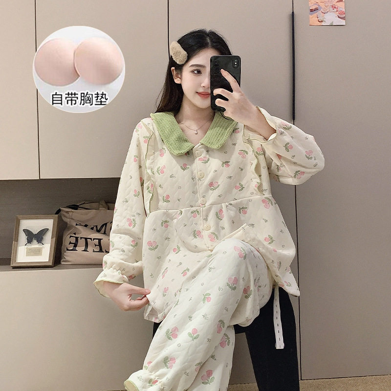 150cm小个子带胸垫空气棉睡衣月子服产后产妇喂奶哺乳加厚孕妇xxs